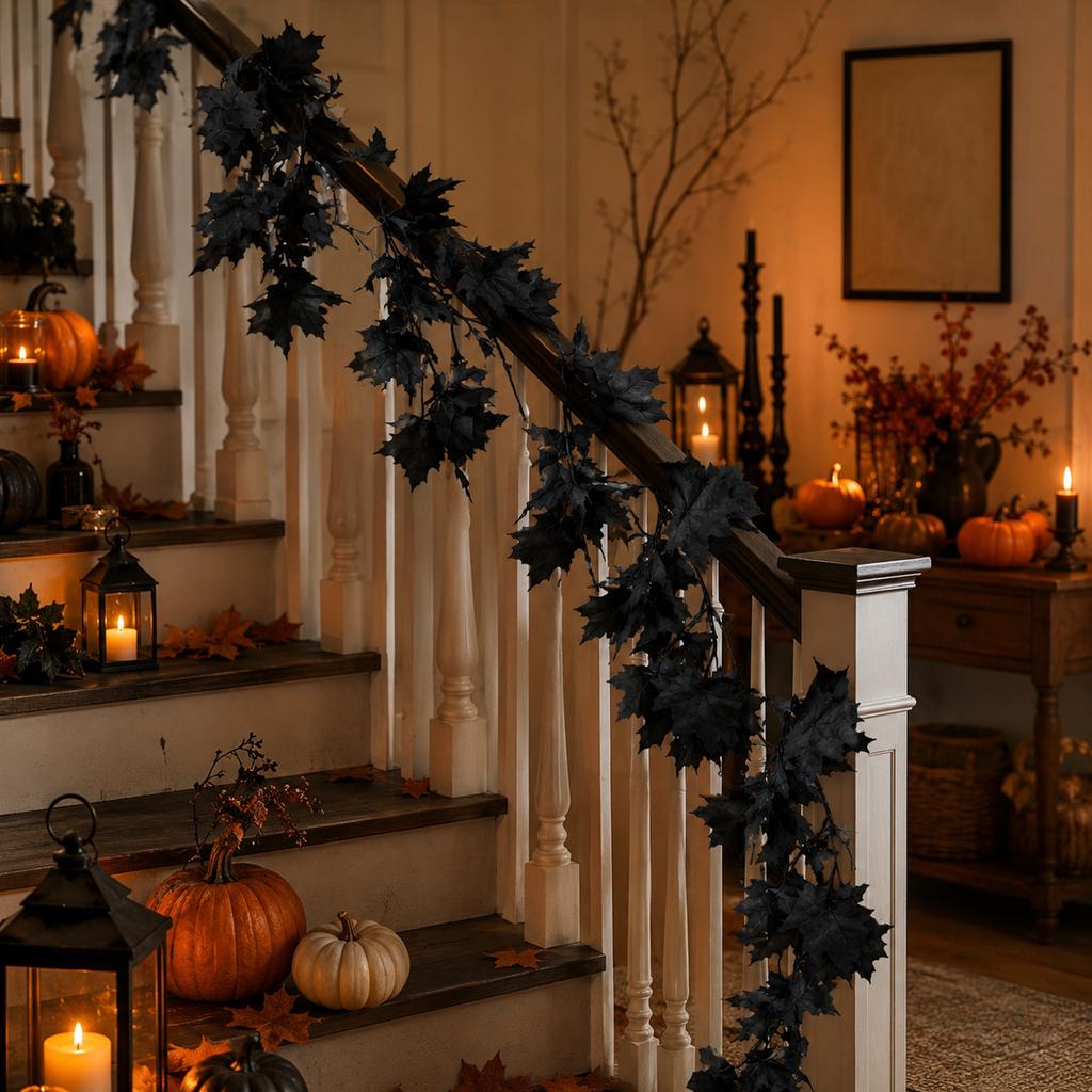 1.7m Artificial Black Maple Leaf Garland for Halloween Party Decoration