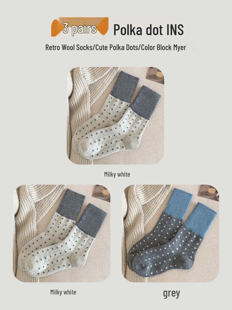 Women's Retro Polka Dot Mid-Calf Cashmere Socks - Warm & Thickened for Autumn/Winter
