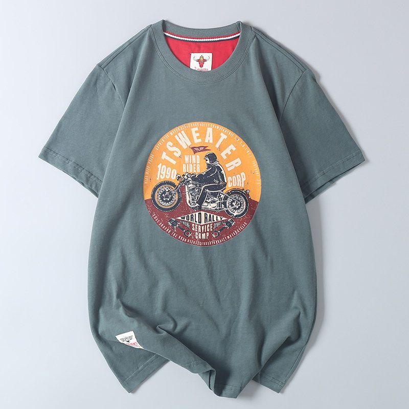 Vintage Motorcycle Print Short-Sleeve T-Shirt for Men, Pure Cotton, Niche Loose-Fitting Trendy Tee, Surplus from Japanese Export