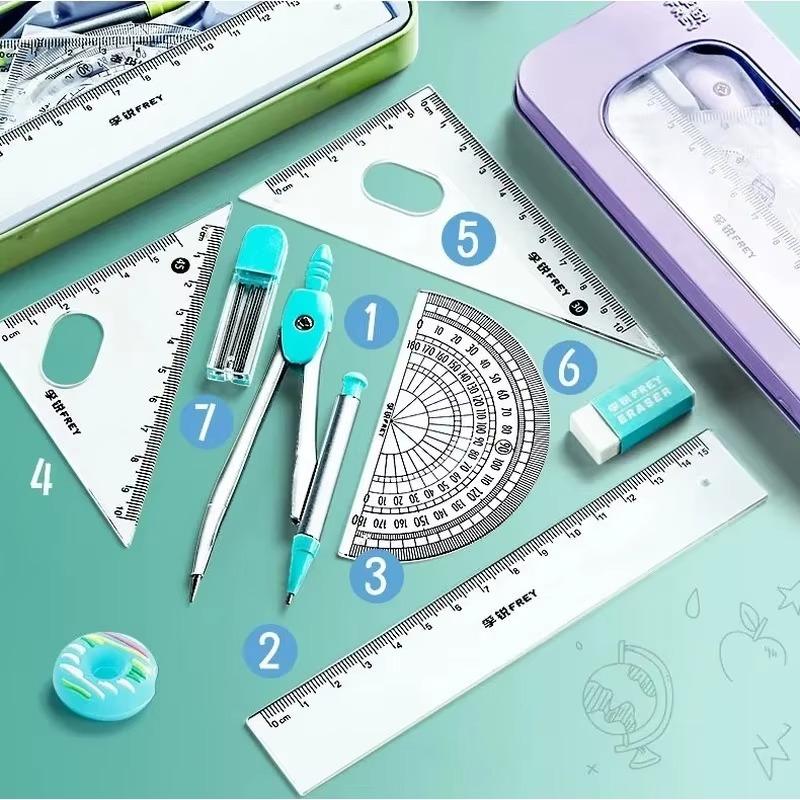 7-teiliges Set, Zirkel, Lineal, Winkelmesser, Set für Schüler, Studien, Schreibwaren, Mathematik-Sets, mathematisches Zeichenzubehör für die Schule