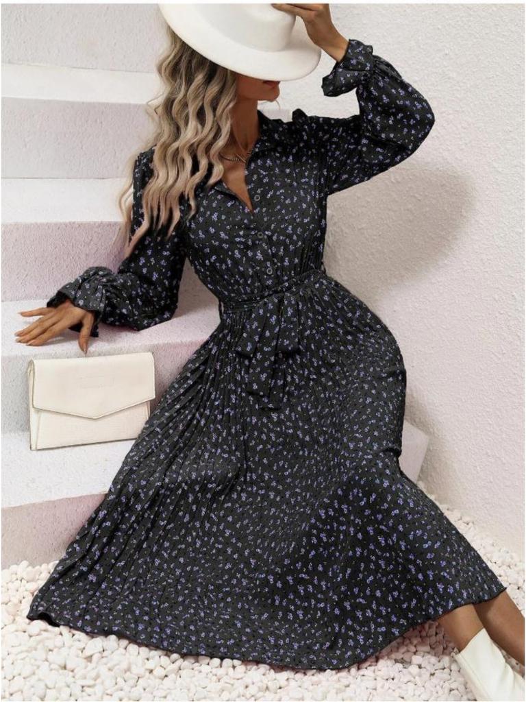Turndown Collar Printed Pleated Dress Straps Dazzling Length Dress Elegant Long Sleeve Dresses Causal Women Dress