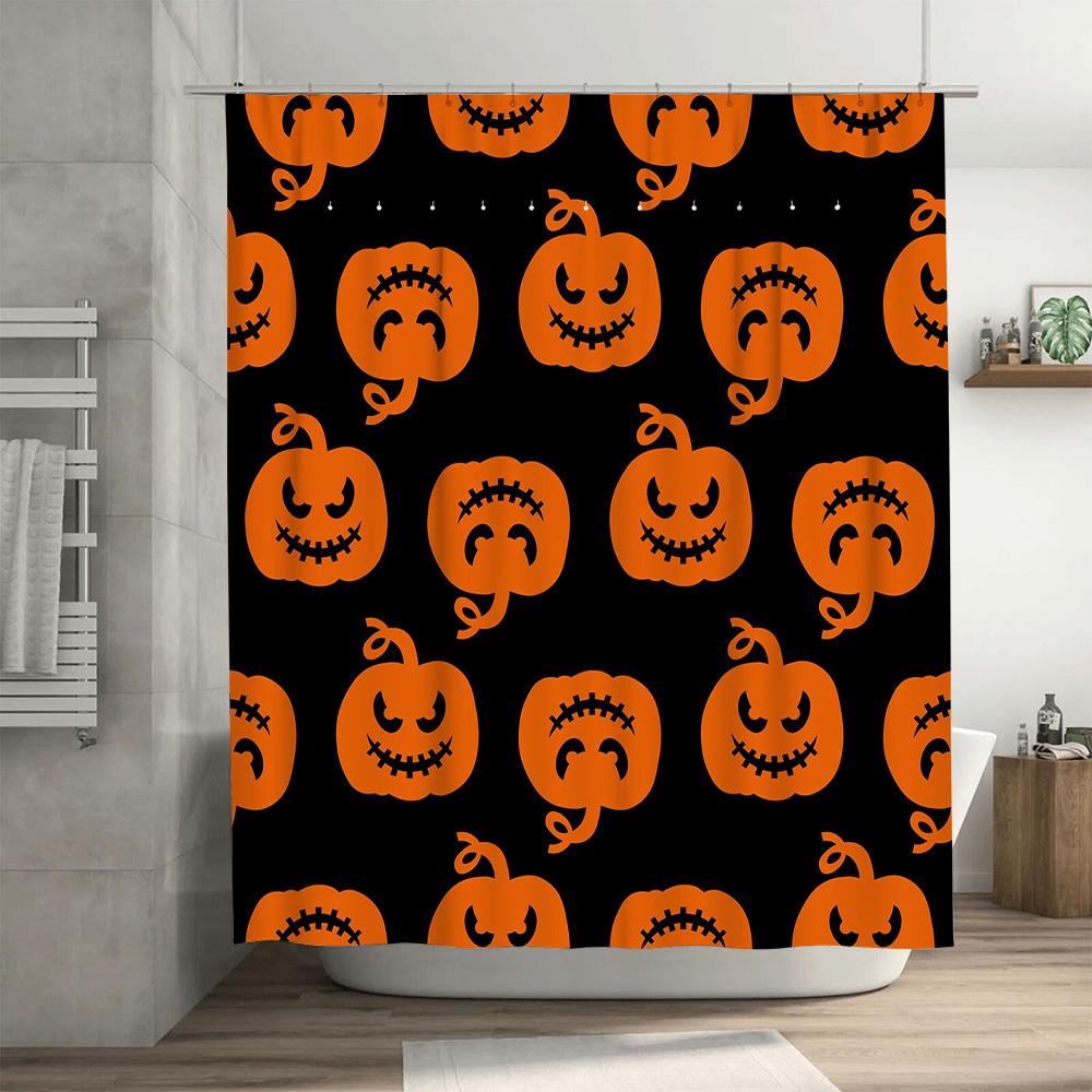 Halloween Decorative Shower Curtain Black Orange Pumpkin Print Plastic Rod Waterproof Fabric Bathroom Decoration Supplies For Ki