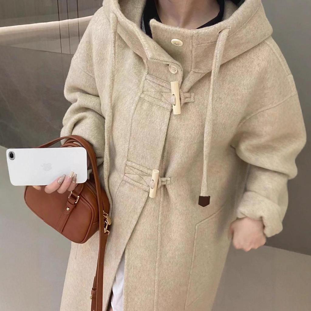 2025 Autumn/Winter Women's Loose Hooded Double-Sided Cashmere Coat with Horn Buttons