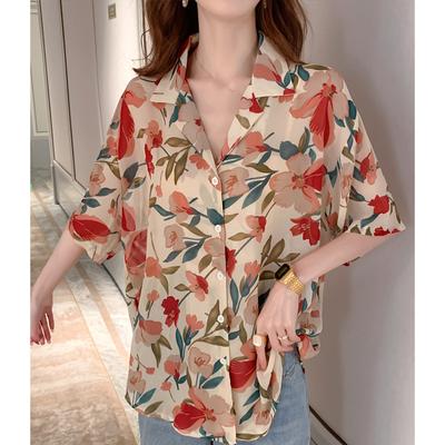 Floral Chiffon Shirt Women's Summer Thin Versatile Loose Top Design Sense Short Sleeve Retro Hong Kong Style Printed Shirt
