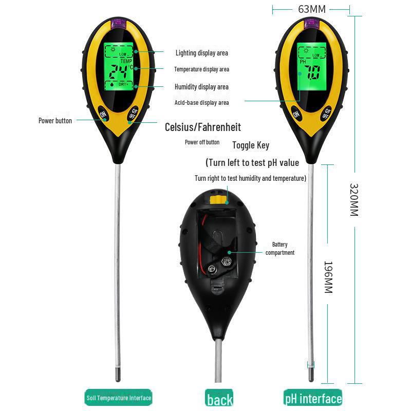 4-in-1 Electronic Soil Tester: PH, Light, Temperature & Humidity Meter