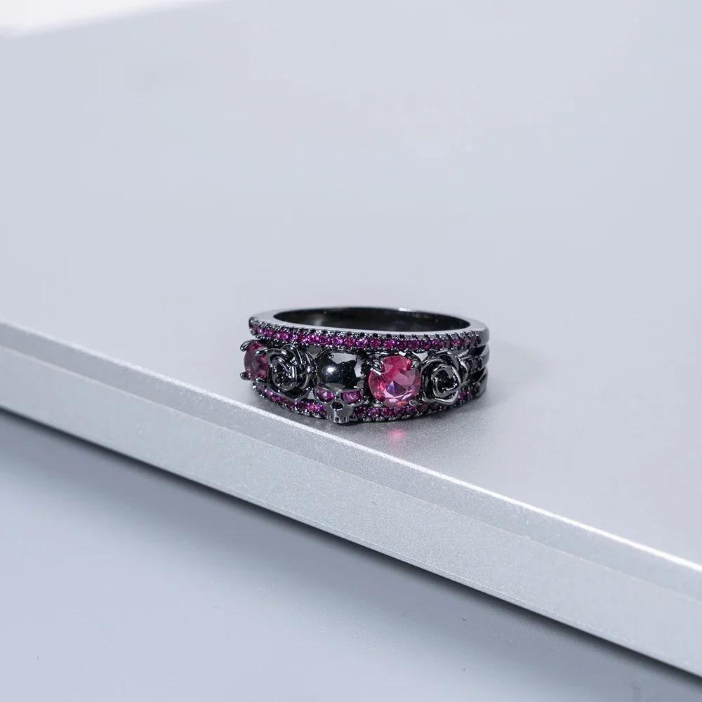 

New Arrival Punk Flower Skull Rings Retro Red Blue Green Zircon Black Copper Ring for Fashion Women Jewelry 6 красный