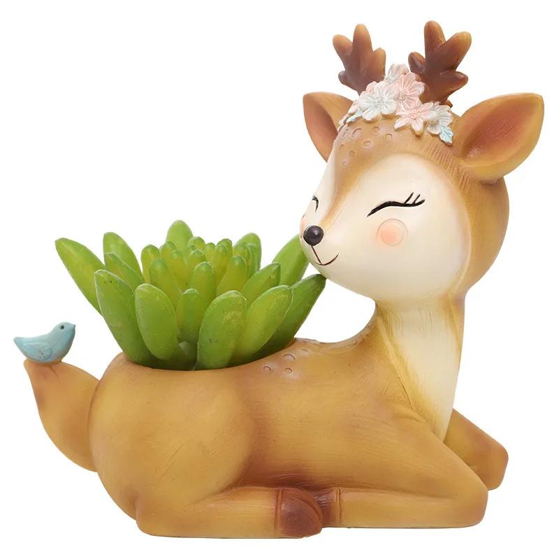 Cute Deer Small Plant Pot Resin Succulent Planter for Home Office Desk Mini Ornament Fairy Garden Flowerpot Decoration