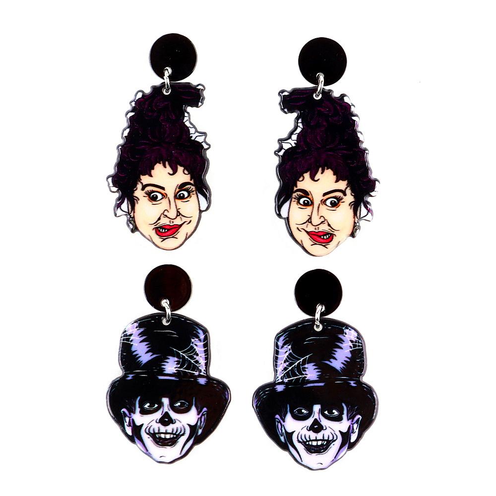 Scary Witch Lady Acrylic Halloween Earrings for Women Creative Funny Cartoon Wear Hat Skull Dangle Earring Gothic Jewelry Gifts