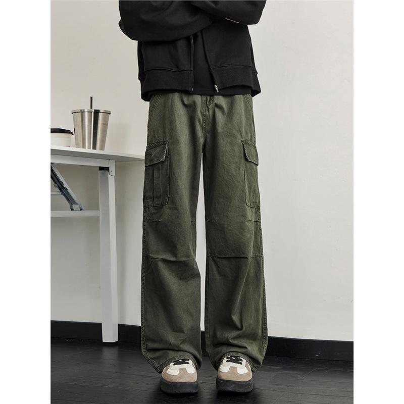 American retro washed and old overalls men's spring and autumn tide niche loose straight wide-leg pants pocket paratrooper pants