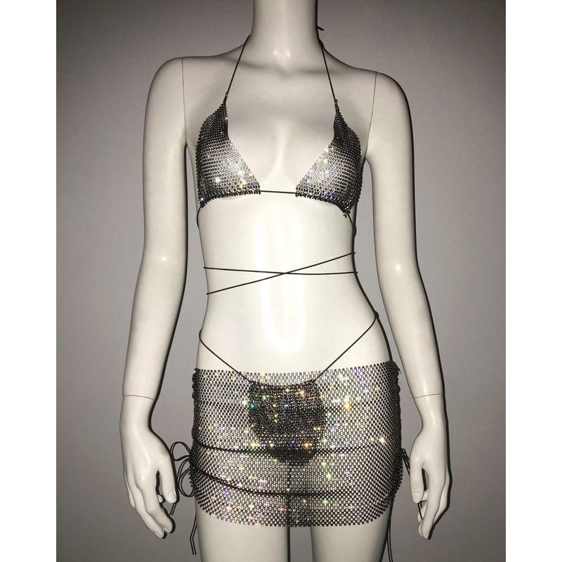 

Outfitgirl Stylish Sexy Skirt Outfit Party Pool Sexy Three-Point Rhinestone Bikini Three-Piece Set Black All yards