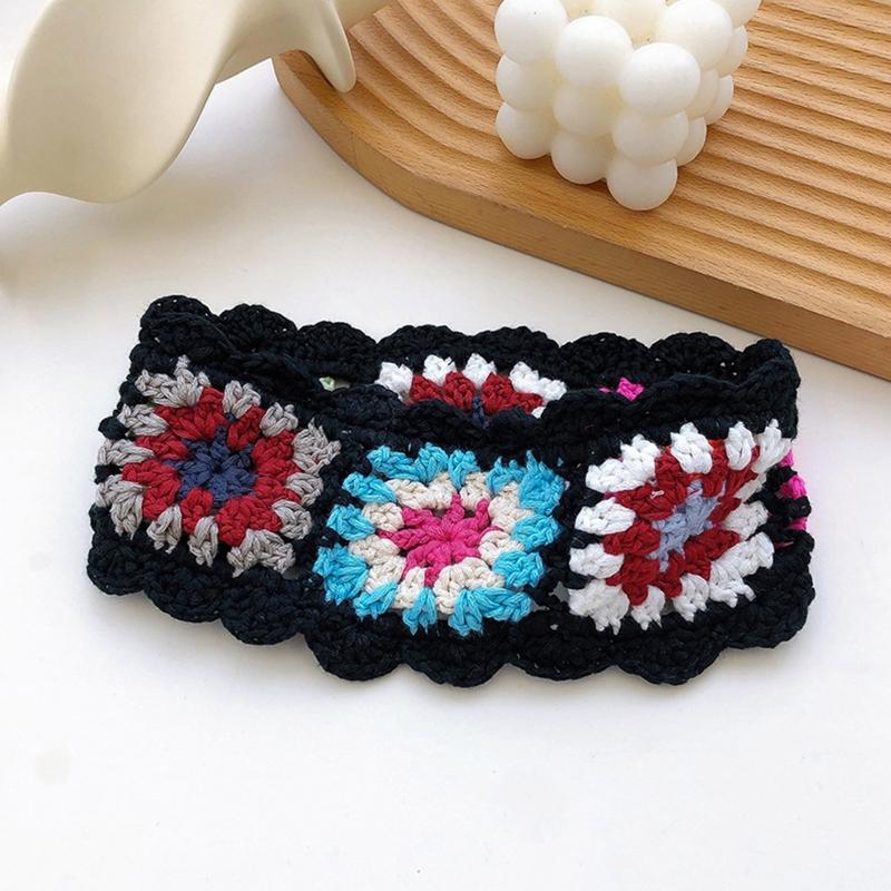 Crochet Colorful Bandana Knitted Hair Kerchief Tie Back for Head Wrap Color Matching Pastoral Turban for Girls Photo Pro