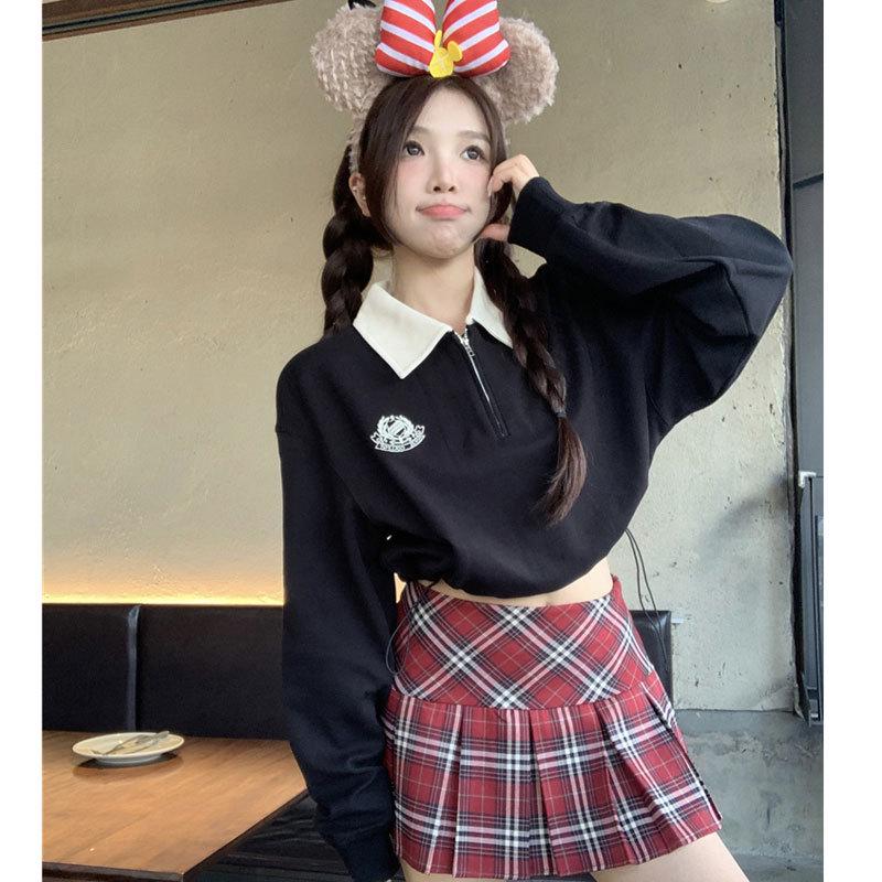 

Color Block Polo Collar Long Sleeve Women s Embroidered Sweatshirt - Petite, Loose Fit, Spring Thin Style XL [for 120-140 jin]