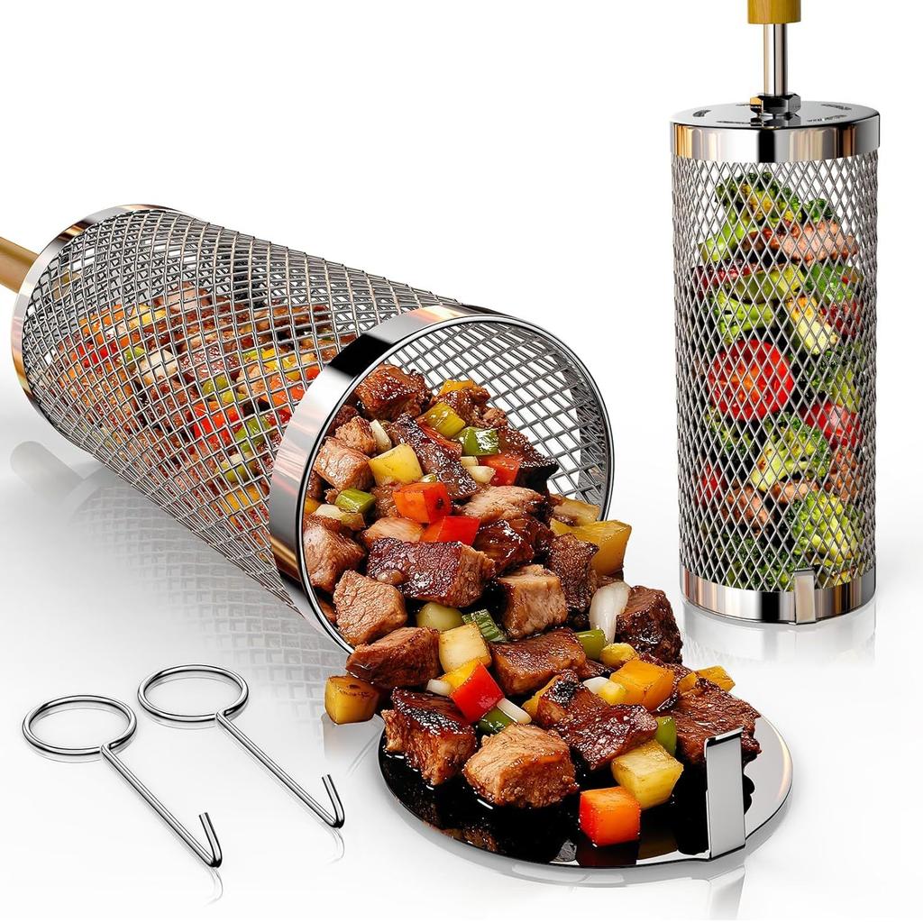 Easy Nesting Grill Rolling Baskets, 304 Stainless Steel Grilling Net with Detachable Wooden Handle Perfect for Outdoor Barbecue