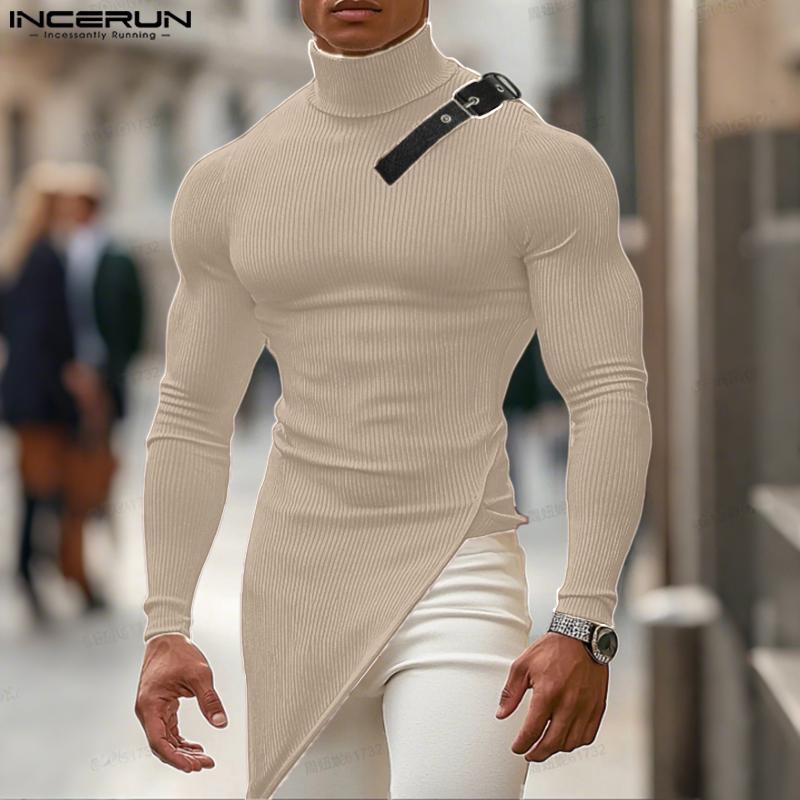 INCERUN Men's High Neck Patchwork Long Sleeve Splits Irregular Rib T-shirts Undershirts