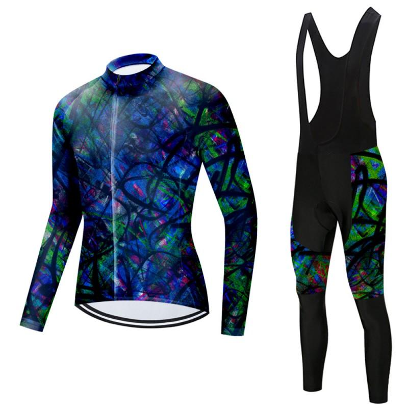 Mens Long Sleeve Cycling Jersey Bib Pants Set Breathable Quick-Dry Road Mountain Bike Riding