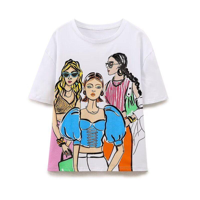 European American Summer New Women's Clothing Loose Ins Trendy Round Neck Girl Print Casual Short Sleeve T-shirt 0264357 250