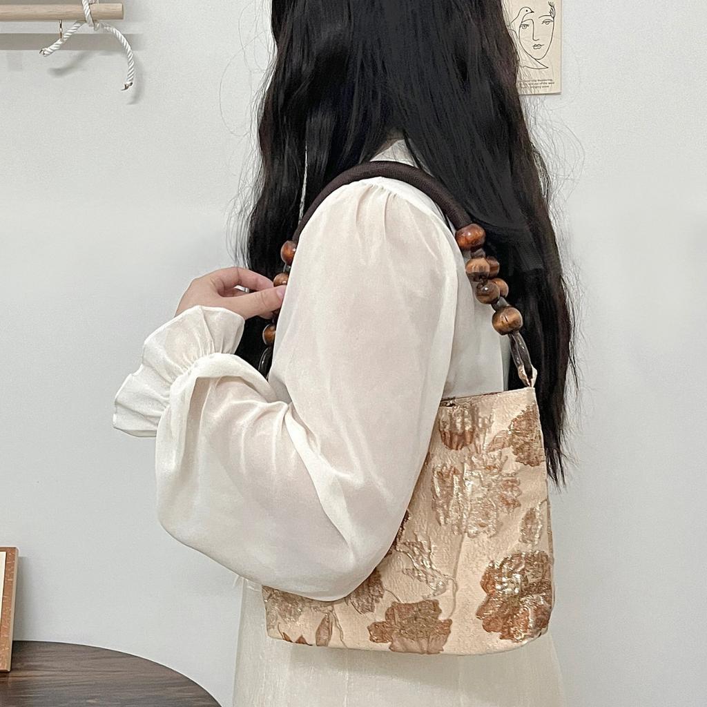Summer Brown Retro Jacquard Underarm Bag Ins New Chinese Style Wood Bead Woven Chain One-shoulder Bucket Bag for Women