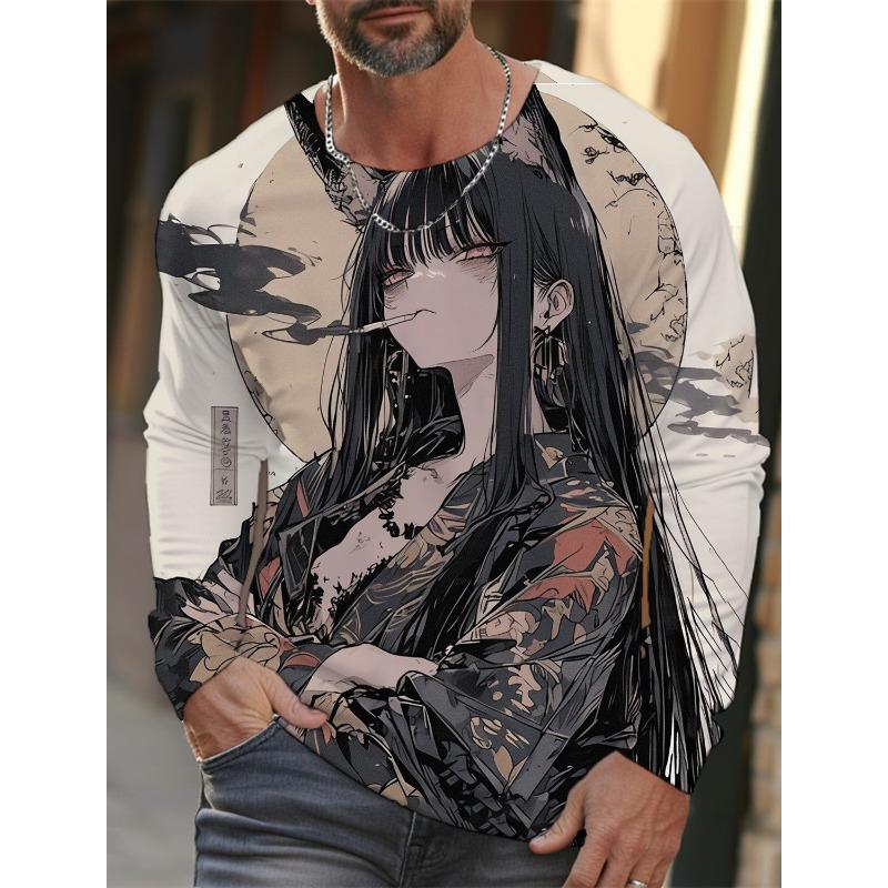 Men's Long-sleeved T-shirt 3D Printing Anime Tattoo Beauty Printing Men's Autumn Tops Casual Round Neck Home Clothes Pullover