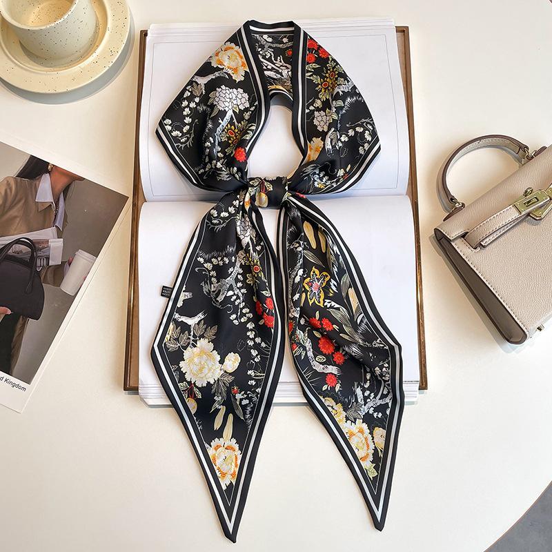 Silk Scarf: Long, Narrow, High-End Print for Spring and Summer - Versatile as Shirt Ribbon, Belt, or Hair Tie.
