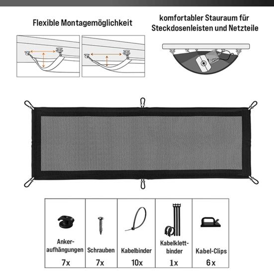 Under-Table Cord Management Net Storage Pocket Simple Installation Flexible Cables Wires Storage