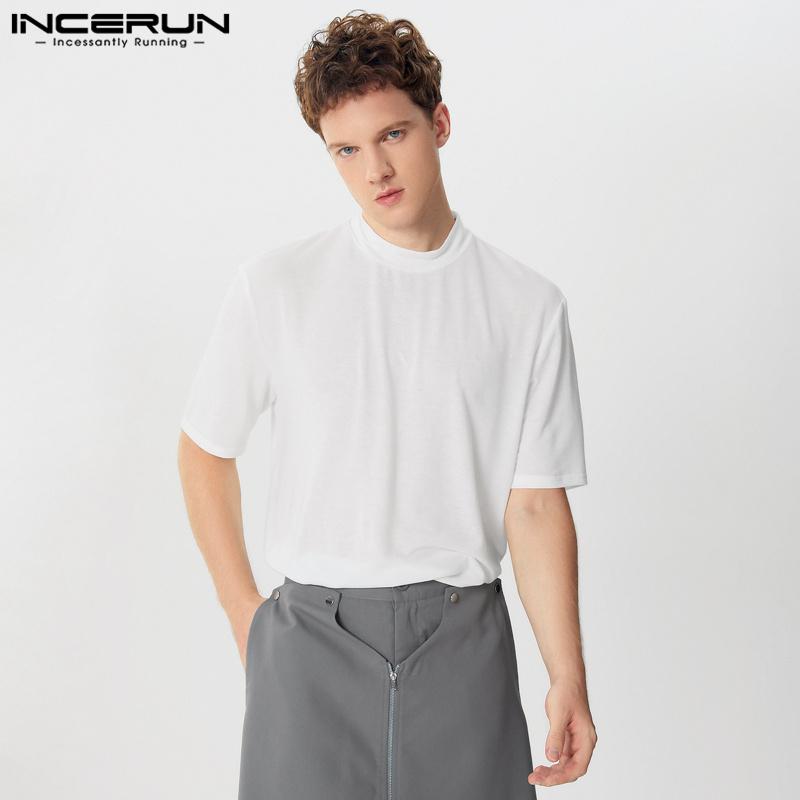 

INCERUN Мужские футболки оверсайз с высоким воротом, с коротким рукавом, повседневные, свободные, майки S белый