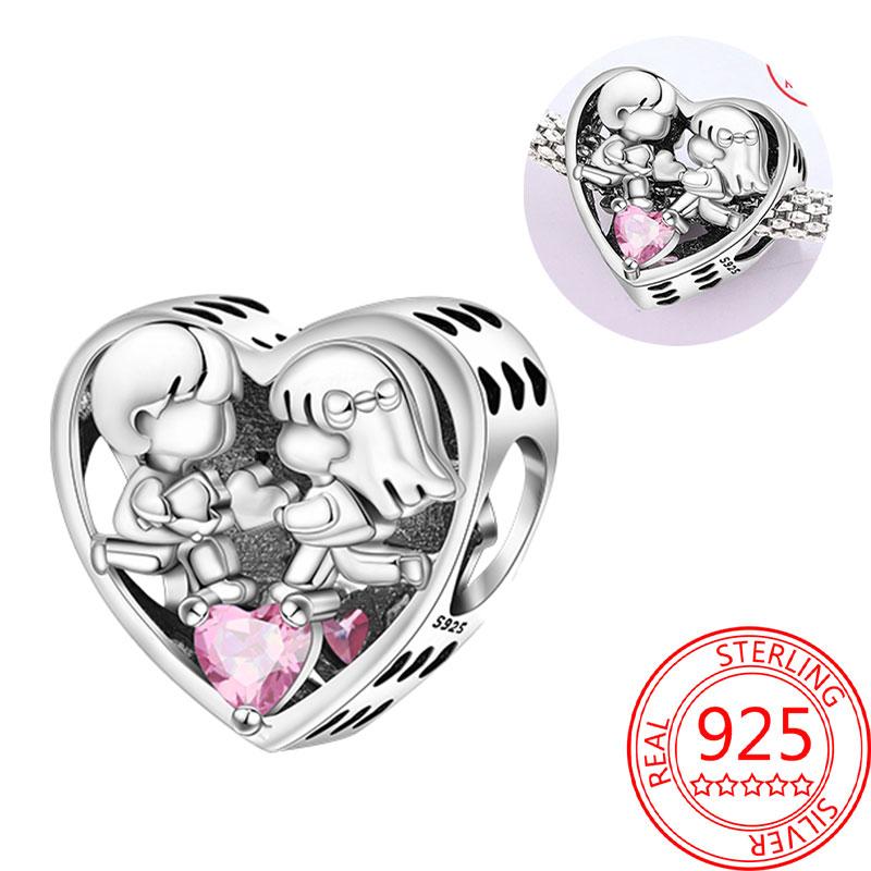 Breloque Pendentif Perles Cœur Rose Scintillant Cuivre Compatible Bracelet Original Pour Femmes Bijoux Cadeaux Saint-Valentin