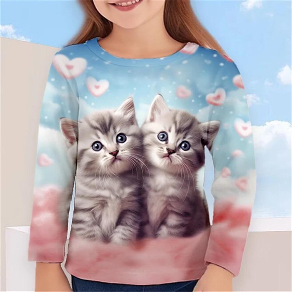 

Children s Cat Cuddling Pattern 3D Digital Print Girl Fashionable and Comfortable Round Neck Long Sleeved T-shirt 170 синий