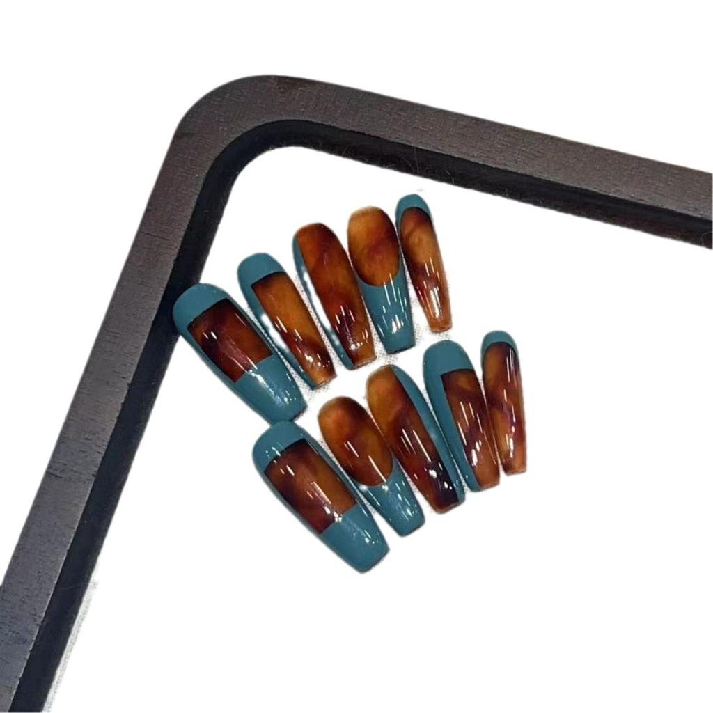 Reine Hand-Trage-Nägel High-End Marineblau Bernstein Französisch Falscher Nagel Patch Abnehmbar Wiederholendes Nageldesign