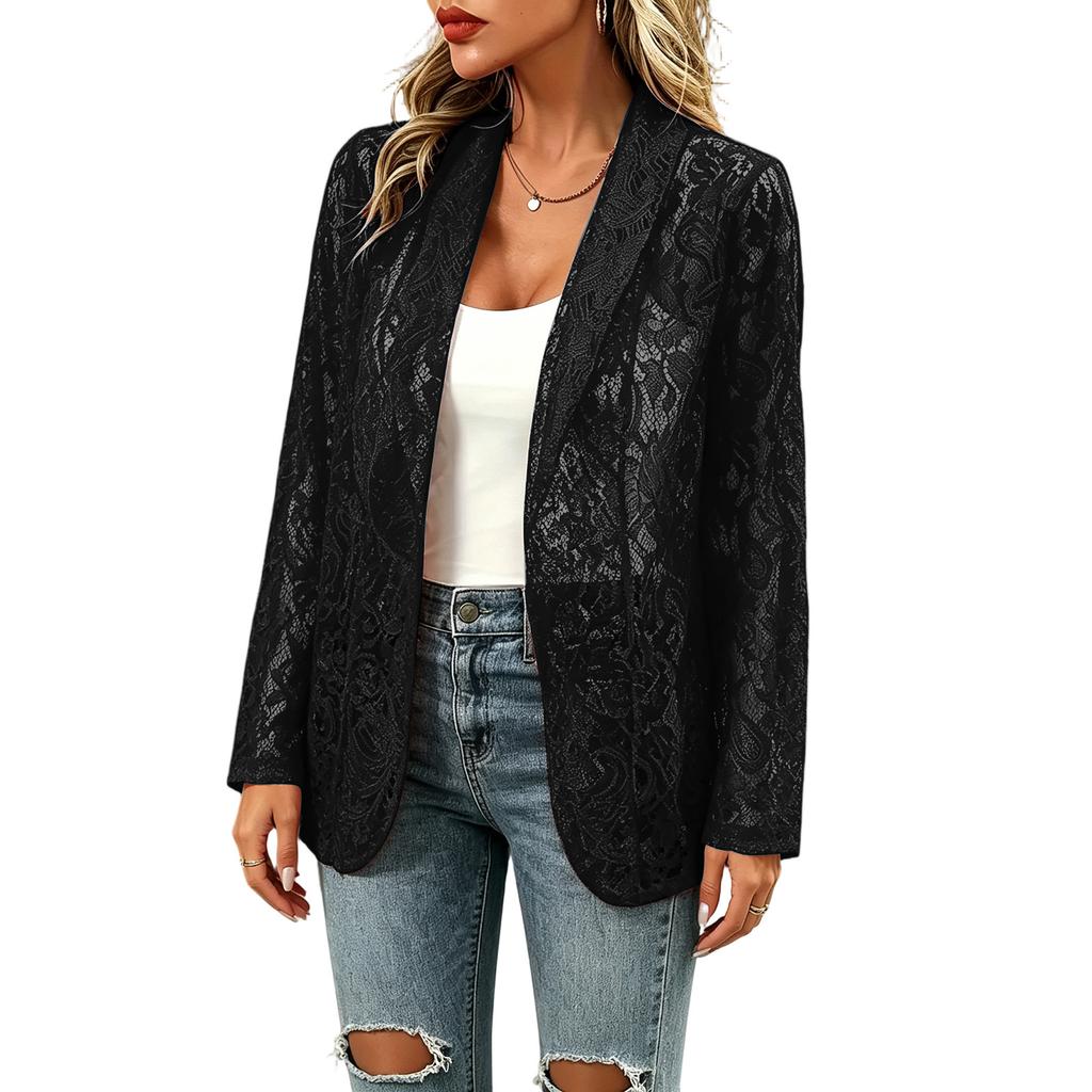 Women Lace Sleeve Open Front Blazer Casual Long Sleeve Lightweight Cardigan Jacket for Office and Daily Wear
