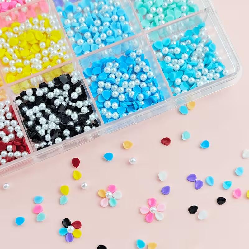 12-Color Macaron Resin Flower & Pearl Nail Art Decoration Set