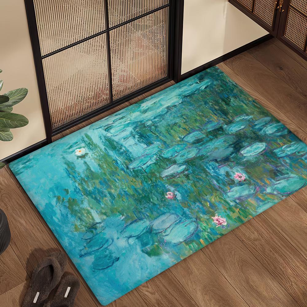 Felpudo de Puerta Alfombra de Piso Decorativa Versátil de Franela Secado Rápido Absorbente Suela Antideslizante Microfibra de Baño Pintura al Óleo Lotus M-Monet