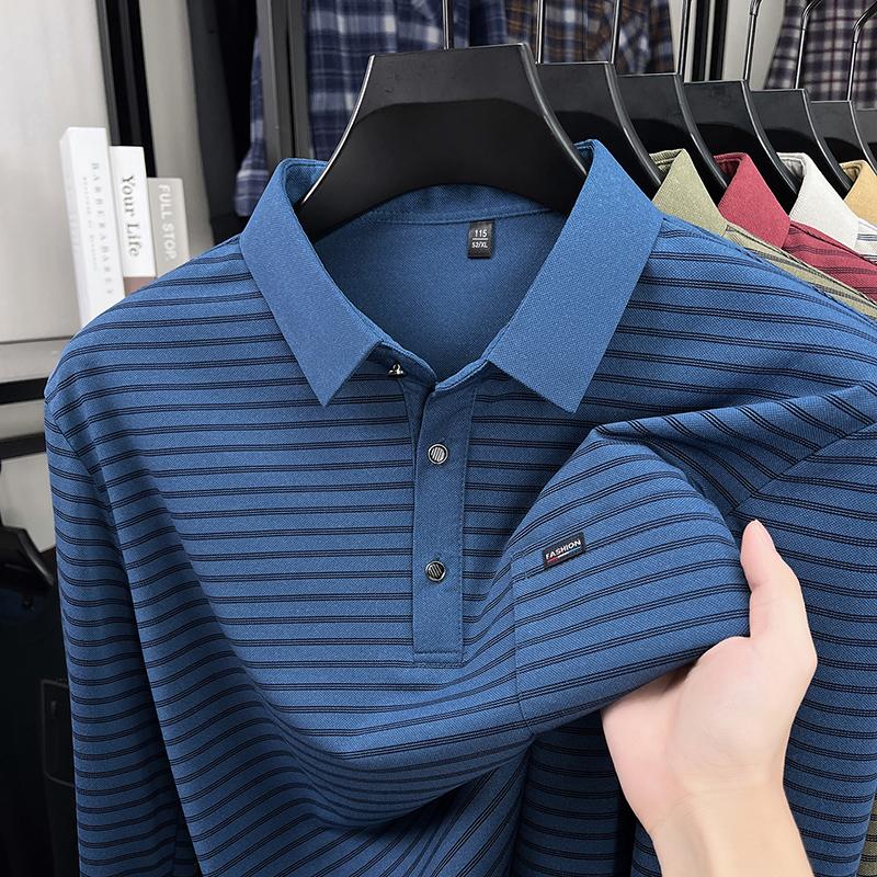 Men's Polo Shirt Lapel Long Sleeve T-Shirt Autumn Striped Pocket Fashion Business Classic Versatile Menswear