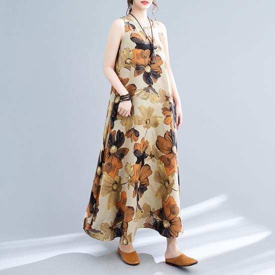Boho Plus Size Cotton Linen Dress for Women Summer Sleeveless Printed Loose