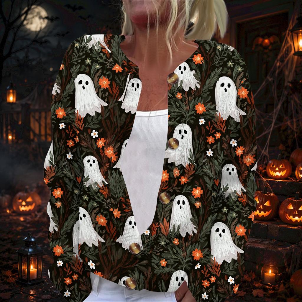 Women's Halloween Print Long Sleeve Knit Cardigan Button Front Fall Casual Outerwear