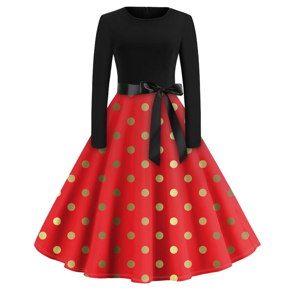 Women's Vintage Geometry Printed Long Sleeve Round Neck Plus Size Evening Prom Dresses