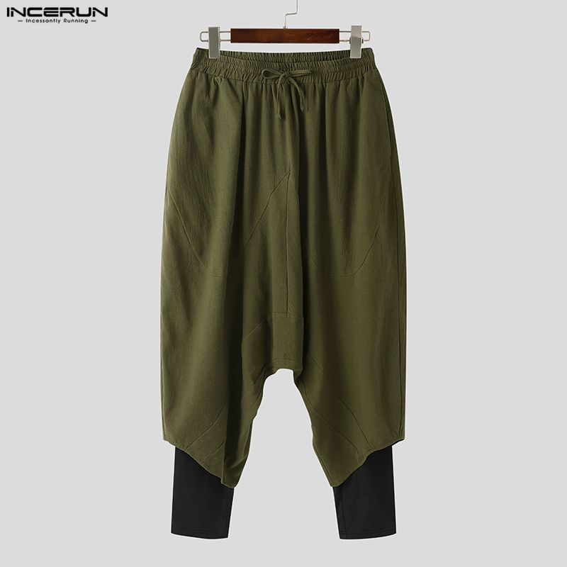 INCERUN Pantaloni Larghi Casual da Uomo a Vita Elastica, Finto Due Pezzi, Cavallo Basso, Lunghi
