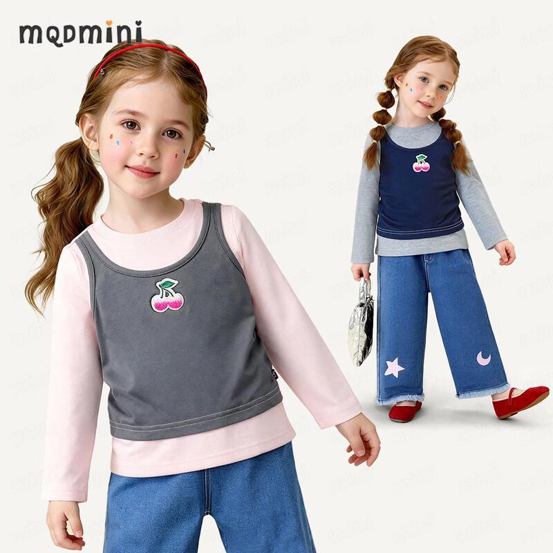 MQDMINI Girls  Faux Two-Piece Long Sleeve T-Shirt 110cm