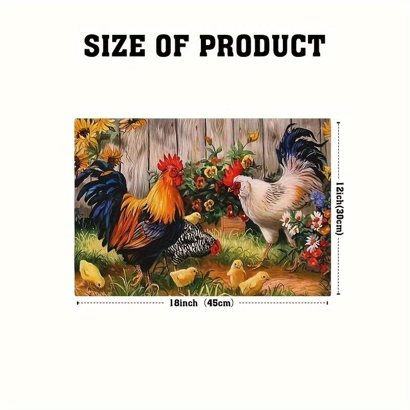 4-Pack Hand Washable Polyester Place Mats | Woven Farmyard Style Table Mats with Rooster & Hen Design | 18X12 Inches Rectangle Floral Pattern Mats