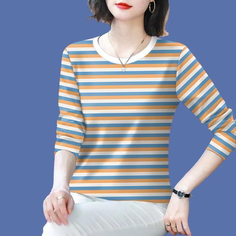 Striped Long Sleeve T-Shirt Polyester Round Neck Loose Fit
