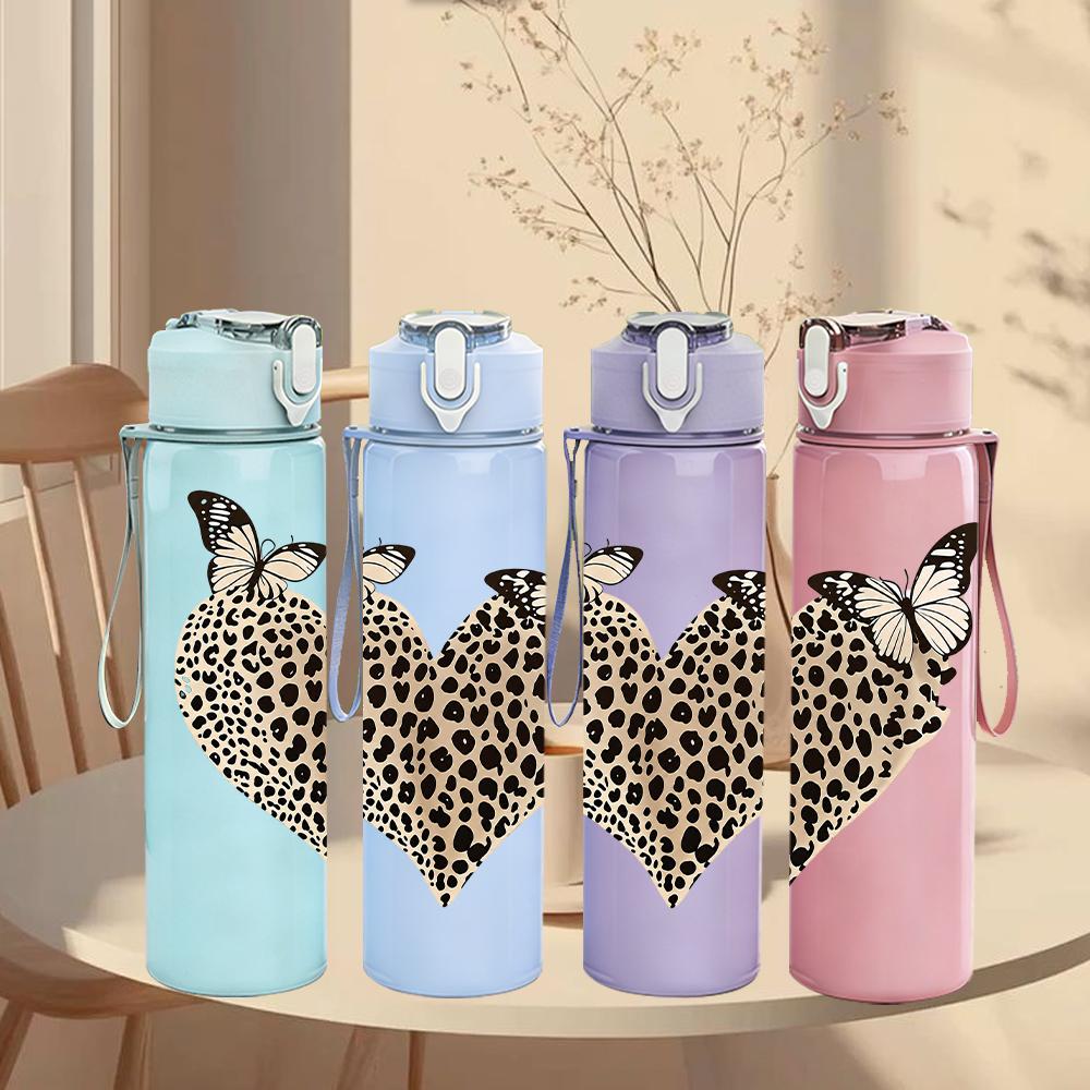 1PC Leopard Butterfly Heart Graphic,750ml Color Plastic Sports Water Bottle,Leakproof Flip Straw Lid,Suitable for Sports Office Home Use