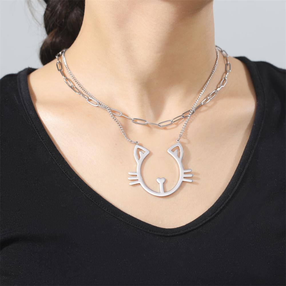 Cazador Stainless Steel Cute Cat Pendant Double Chain Necklaces for Women Animal Kitten Necklaces 2026 Jewelry Birthday Gift