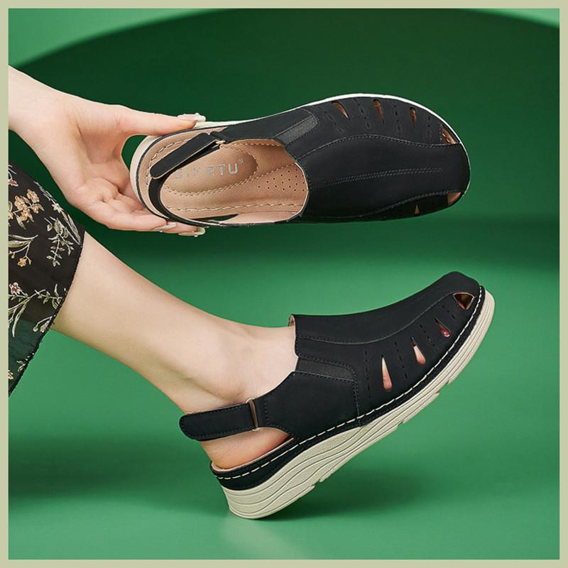 fashion Brand Casual Summer 2024 Retro Wedge Closed Toe Sandals Women Sewing Thread Buckle Hook Loop Shoes Mid Heel Non Slip Soft