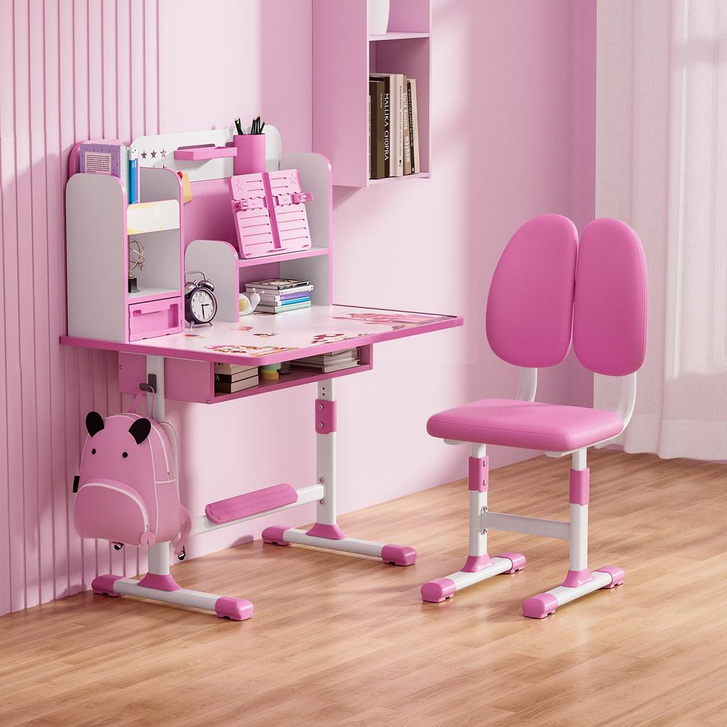 2Pcs Kids Study Desk Chair Set Height Adjustable Tiltable Desk And Chair School Study Desk And Chair Bedroom With Foot Pedal