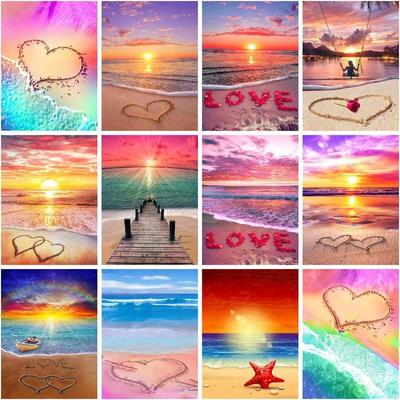 5d Diy Diamond Painting Sunset Beach Scenery Diamond Mosaic Heart Cross Embroidery Kits Rhinestone Sea Pictures Home
