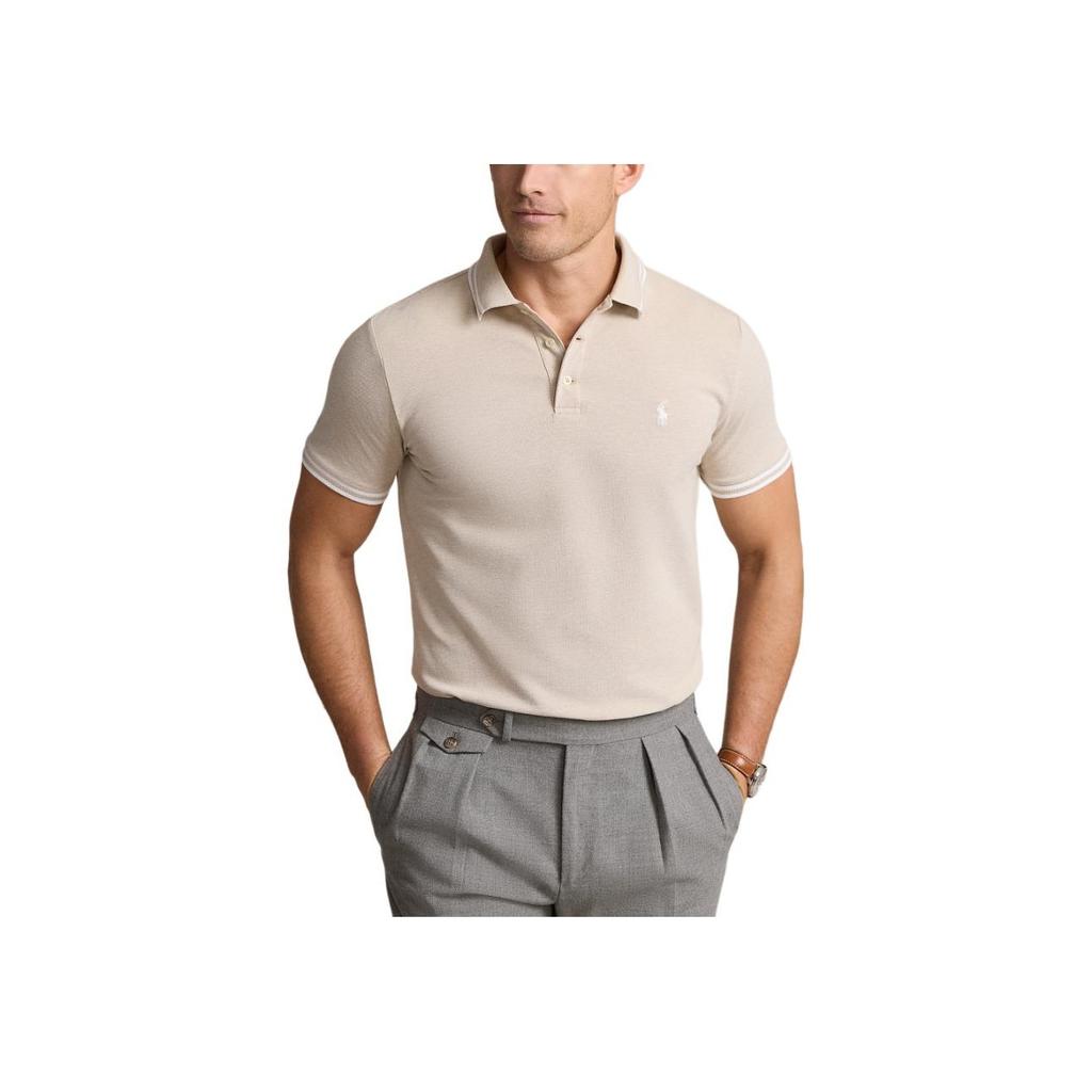 Polo Ralph Lauren SS24 Logo Embroidered Striped Trim Slim Fit Short Sleeve Polo Shirt Men polo shirts Beach-Beige MNPOKNI1N822953-250