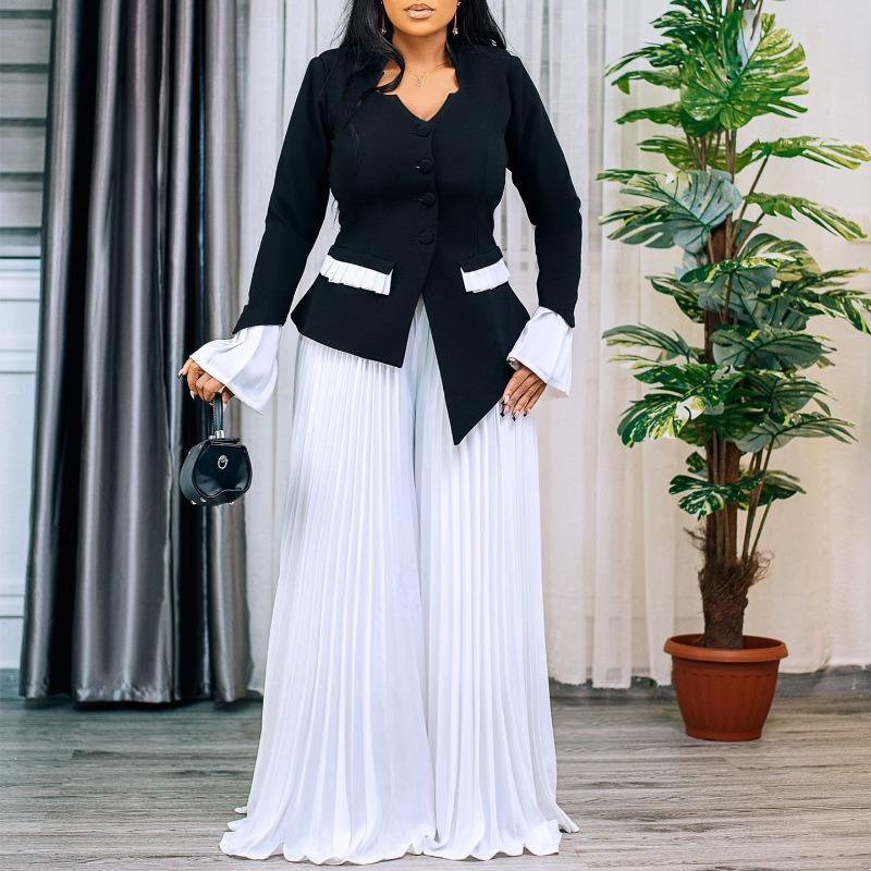 Women's Spring New Fashion Flared Sleeve Top Pleated Wide Leg Pants Set Two-piece Set