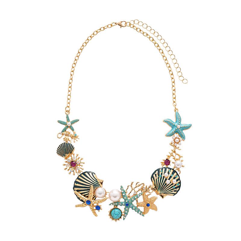 Ocean-Inspired Diamond Pearl Pendant Necklace with Starfish, Seashell, and Coral Accents