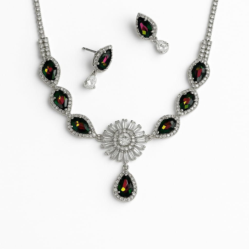 Krystallhalskjede og øredobbersett, Sølv, 3,5 cm hengelengde, Hummerlås