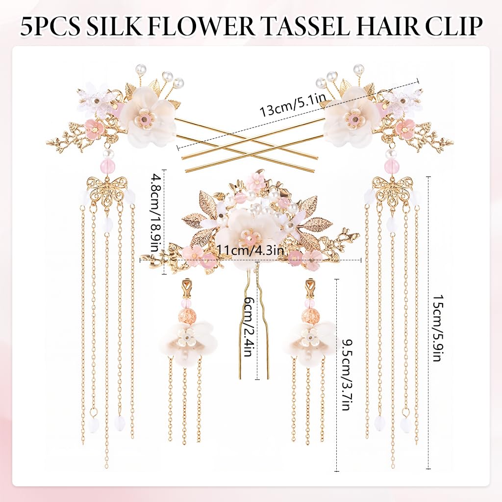 MAYCREATE® 5Pcs Flower Tassels Hair Pin Crystal Rhinestone Pearl Headpiece Drop Earrings Retro Brides Hair Accessories for Women Girls