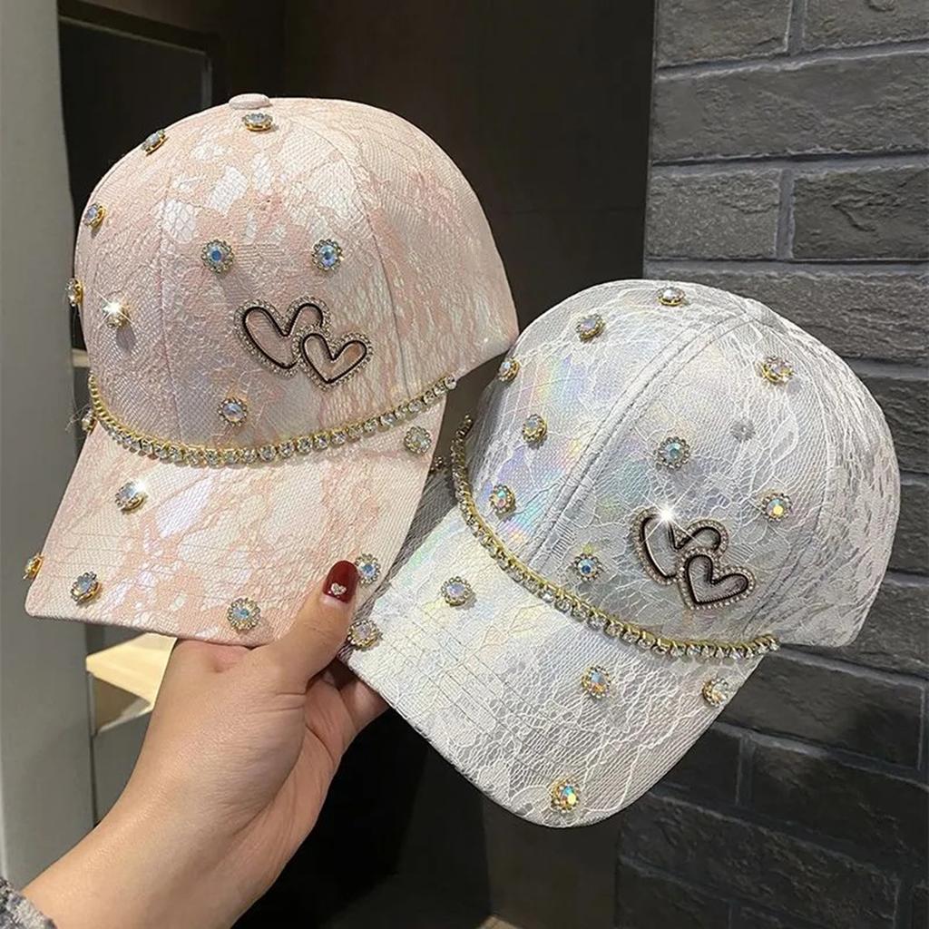 Rhinestone Heart Baseball Cap for Women Girls Fashion Patchwork Lace Low Profile Hat Trendy Adjustable Dad Hats Snapback Hat
